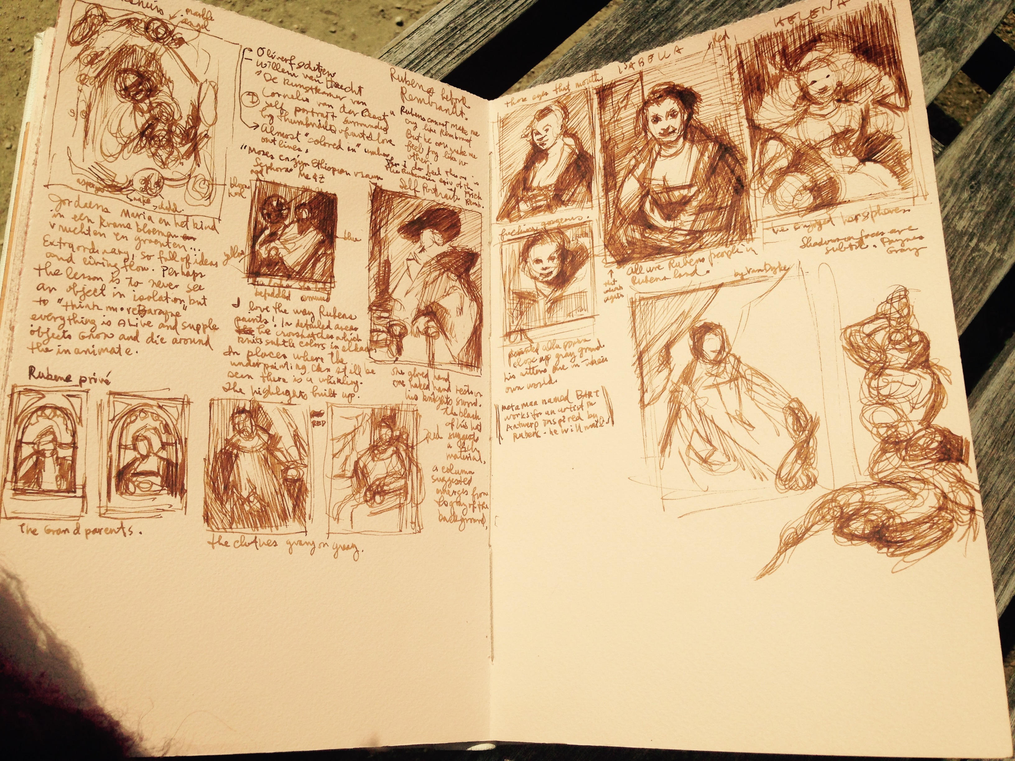 Sketchbook 51 spread in sepia ink at 'Rubens privé', Antwerp: thumbnail copies of Rubens self-portraits, Isabella and Helena, with notes — 'Rubens cannot make me cry like Rembrandt, but he can make me feel love'