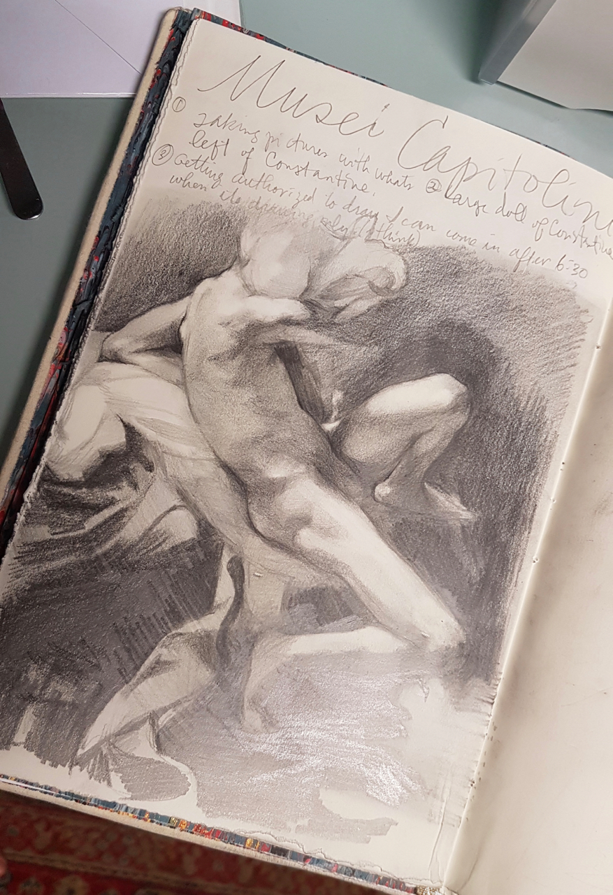 Sketchbook 57 page at the Musei Capitolini: charcoal study after Caravaggio's St John the Baptist embracing the ram, with notes on getting authorized to draw after 6:30