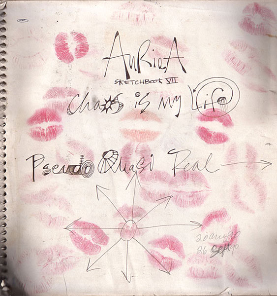 Cover of sketchbook 7 (1990): white spiral book covered in pink lipstick kisses, inked 'Auriea Sketchbook VII — chaos is my life — Pseudo Quasi Real', 20 Aug–26 Sept