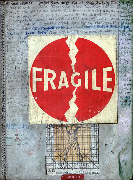 Cover of sketchbook 8 (1990s): silver paint scrawled with dense handwriting around a torn red 'FRAGILE' sticker split by a lightning crack, above a Vitruvian-style figure in a grid Cover of sketchbook 8 (1990s): silver paint scrawled with dense handwriting around a torn red 'FRAGILE' sticker split by a lightning crack, above a Vitruvian-style figure in a grid