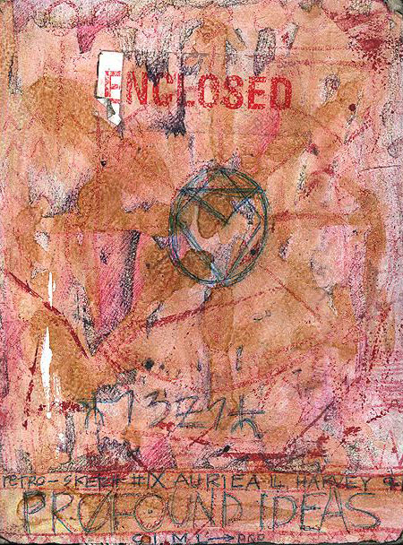 Cover of sketchbook 9: pink-washed board stamped 'ENCLOSED' in red, scratched with a circled monogram and penciled 'retro-sketch #IX Auriea L. Harvey — PROFOUND IDEAS'