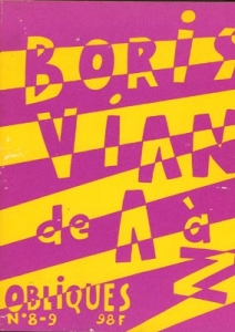 Cover of 'Boris Vian de A à Z', Obliques No. 8–9: the title in bold purple cut-out letters over diagonal yellow and magenta stripes