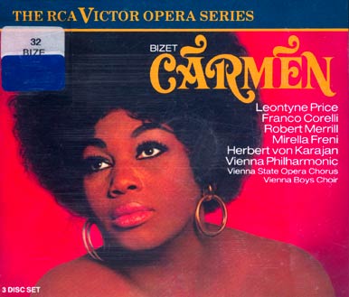 RCA Victor Opera Series cover for Bizet's Carmen: Leontyne Price in large hoop earrings against red, with Franco Corelli, Karajan and the Vienna Philharmonic billed