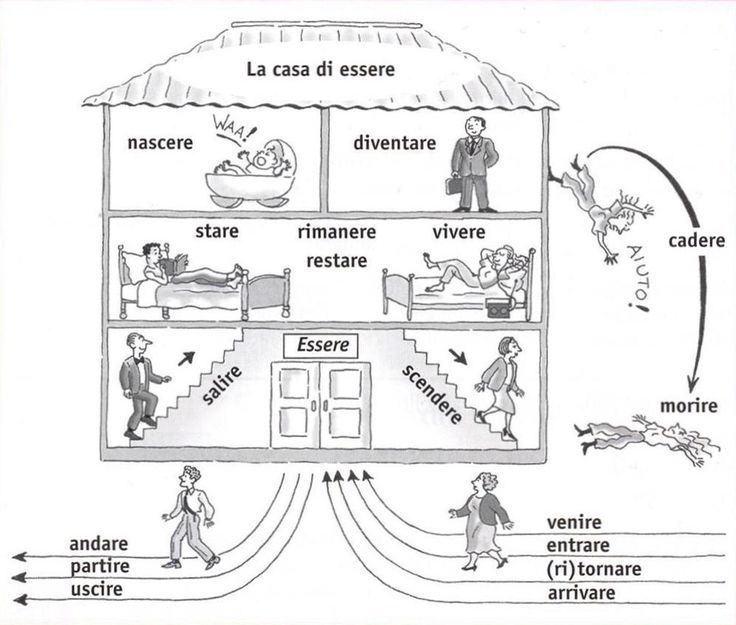 Italian grammar cartoon 'La casa di essere': a cutaway house whose rooms illustrate the verbs that take essere — nascere, stare, vivere, salire, cadere, morire and more