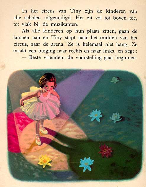Page from a Dutch Tiny (Martine) children's book: text about Tiny's circus above an illustration of her as a small ballerina curtsying in a spotlight among water lilies