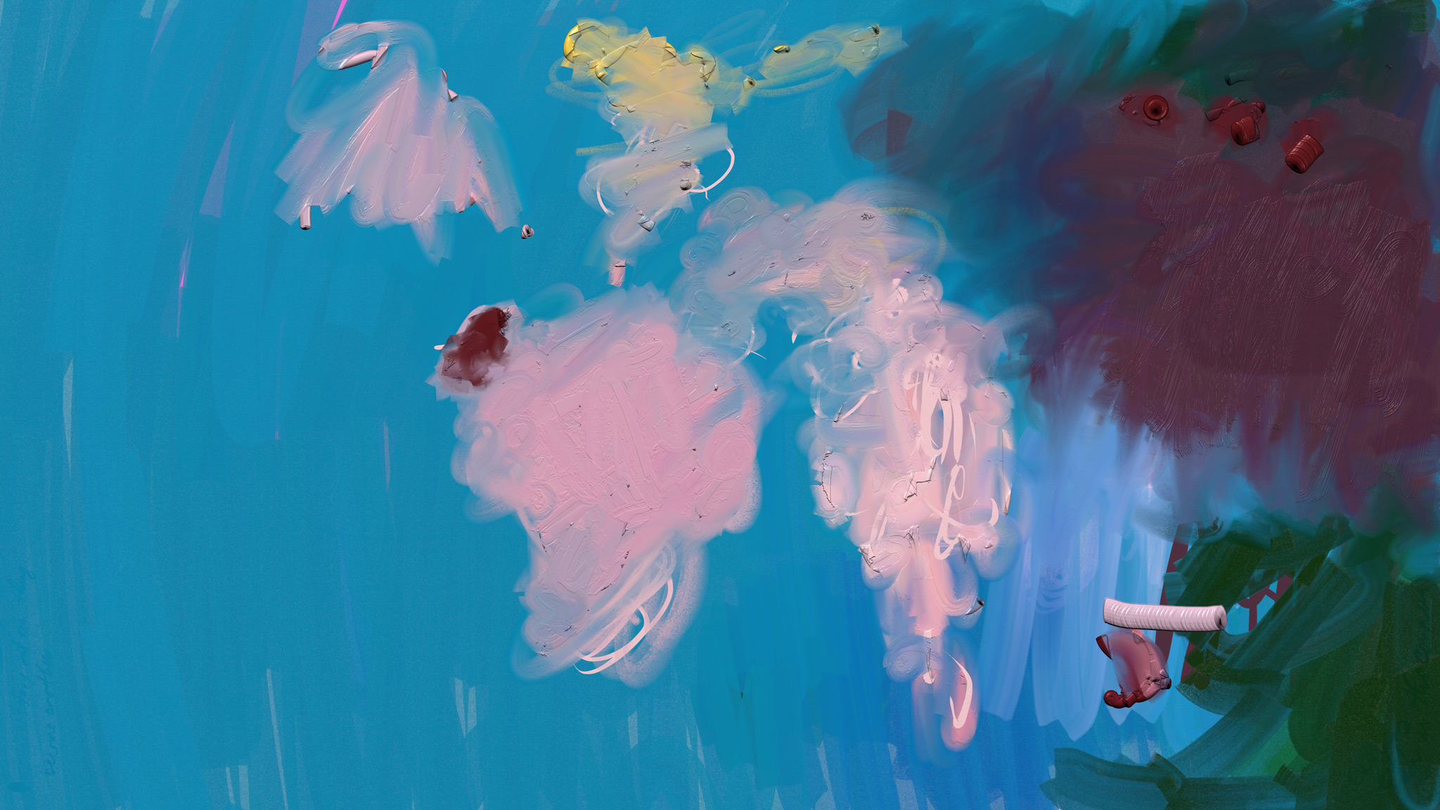 Detail of a digital painting after Monet: loose pink and white impasto strokes of water lilies floating on vertical blue-green water, with dark red foliage at right