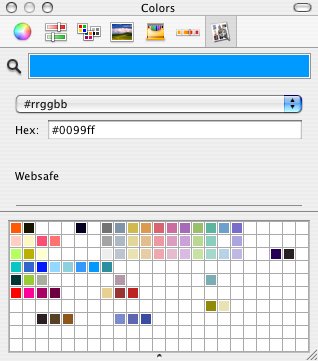 Screenshot of the classic Mac OS X Colors picker panel showing a web-safe palette grid, with hex value #0099ff entered and a bright blue swatch above