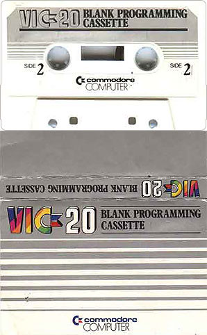 Two photographs of a Commodore VIC-20 blank programming cassette: the white tape labeled Side 2 above its silver-striped cardboard sleeve