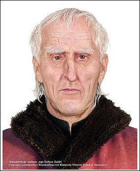 Forensic facial reconstruction of Nicolaus Copernicus as an old man with white hair and a fur-collared red robe, made by the Polish police central crime laboratory