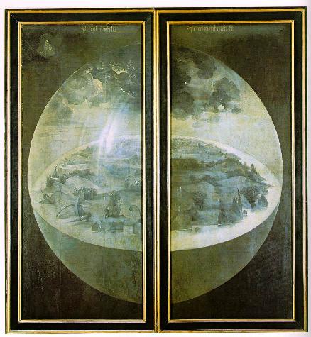 Closed exterior shutters of Bosch's Garden of Earthly Delights: the third day of Creation painted in green-grey grisaille, the new earth inside a transparent sphere