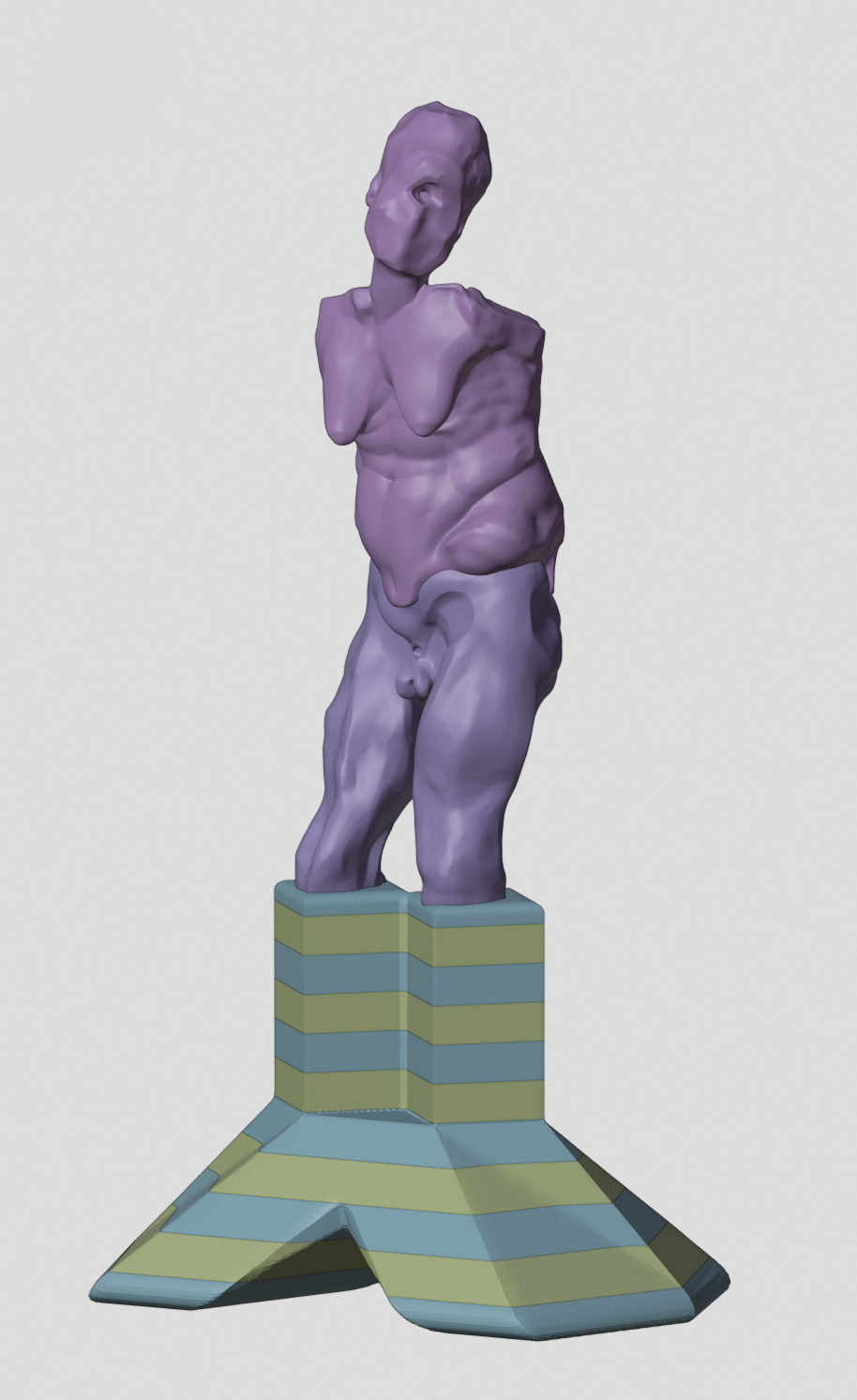 3D render of a purple cyclops figure: a fleshy one-eyed male torso with truncated arms standing on a green-and-blue striped angular pedestal 3D render of a purple cyclops figure: a fleshy one-eyed male torso with truncated arms standing on a green-and-blue striped angular pedestal