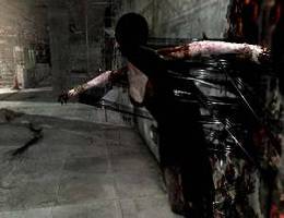 Dark game screenshot: the black silhouette of a ghostly figure trailing streaks of shadow lunges down a grimy corridor