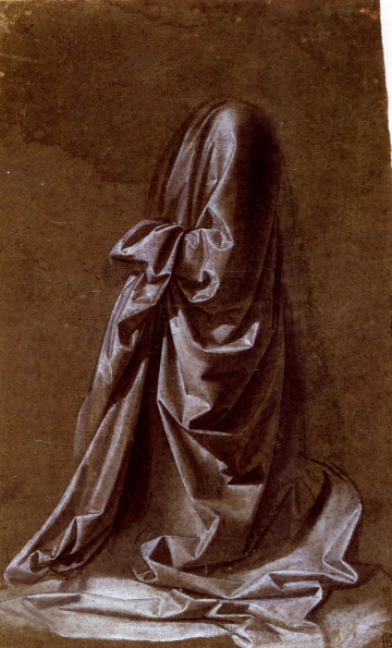 Leonardo da Vinci drapery study: brush and grey tempera on linen of heavy cloth over a kneeling figure, the folds modeled in white heightening