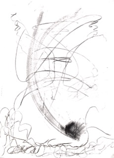 Dancing drawing: a sweeping charcoal-and-pencil arc curving up the page from a dense black smudge, looping scribbles at its base
