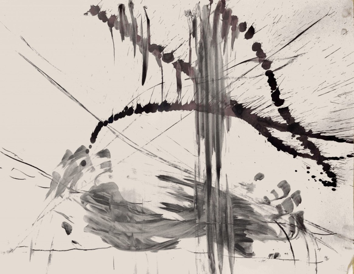 Dancing drawing in black ink: splattered vertical strokes and a long arc of dots crossing over a broad smeared wash near the bottom of the sheet