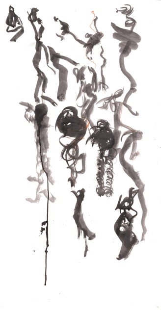 Dancing drawing: a tall sheet of vertical ink gestures like falling figures — coiled, knotted and dripping strokes with faint traces of orange