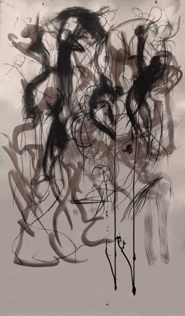 Dancing drawing: a dense tangle of black ink figures looping across grey-washed paper, thin drips running off the bottom of the swarm