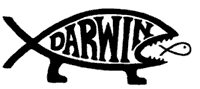 The Darwin fish emblem: the Christian ichthys grown stubby legs, with DARWIN lettered inside its body and a small fish in its toothed mouth
