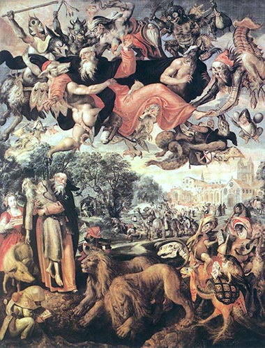 Maerten de Vos, The Temptation of Saint Anthony: demons haul the saint into the sky by his cloak while below Anthony walks past lions, a devil-drummer and an elephant with a howdah