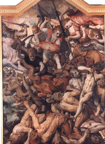 Frans Floris, The Fall of the Rebel Angels: armored archangels with swords and shield drive a writhing avalanche of muscular demon bodies down out of the light