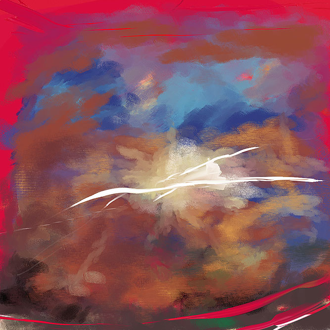 Digital painting 'Did she jump or was she pushed': a white streak of a falling figure flashing through smoky blue and umber clouds inside a hot red border