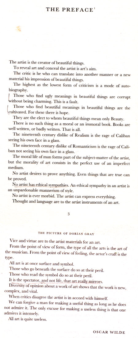 Book page of Oscar Wilde's preface to The Picture of Dorian Gray, pencil-marked at 'No artist has ethical sympathies' and ending 'All art is quite useless'