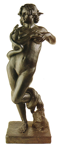 Bronze sculpture of Dryope: a nude woman mid-stride with a serpent winding up her body from ankle to shoulder, one hand crossed over her breast