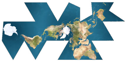 Buckminster Fuller's Dymaxion map: the world unfolded onto an icosahedron so the continents lie as one nearly unbroken island in a single ocean