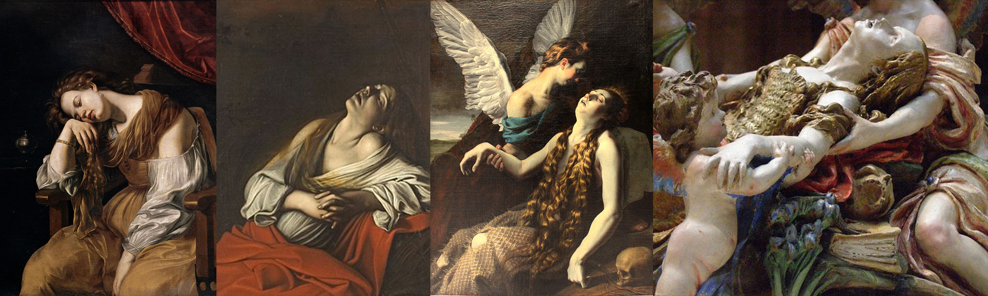 Four Magdalenes in ecstasy side by side: Artemisia Gentileschi's slumped Magdalene, Caravaggio's Magdalen in Ecstasy, an angel visiting the long-haired saint, and a polychrome sculpture detail