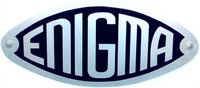 The metal ENIGMA nameplate from a German Enigma cipher machine: capital letters inside a pointed oval badge