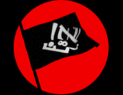 Entropy8Zuper! flag emblem: a black pennant with white 8 and zig glyphs waving inside a red circle on black