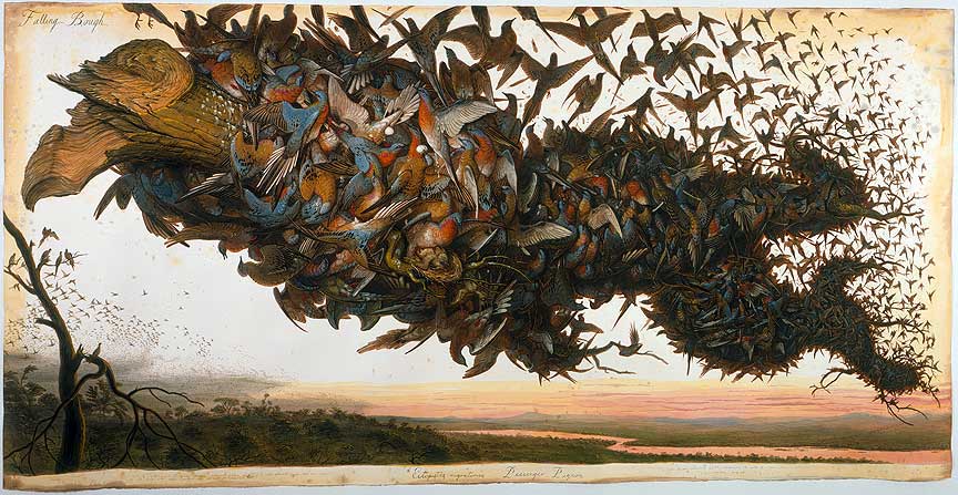 Walton Ford's Falling Bough: a massive branch borne aloft by a swarming flock of passenger pigeons, breaking apart against a pale sunset over the river plain