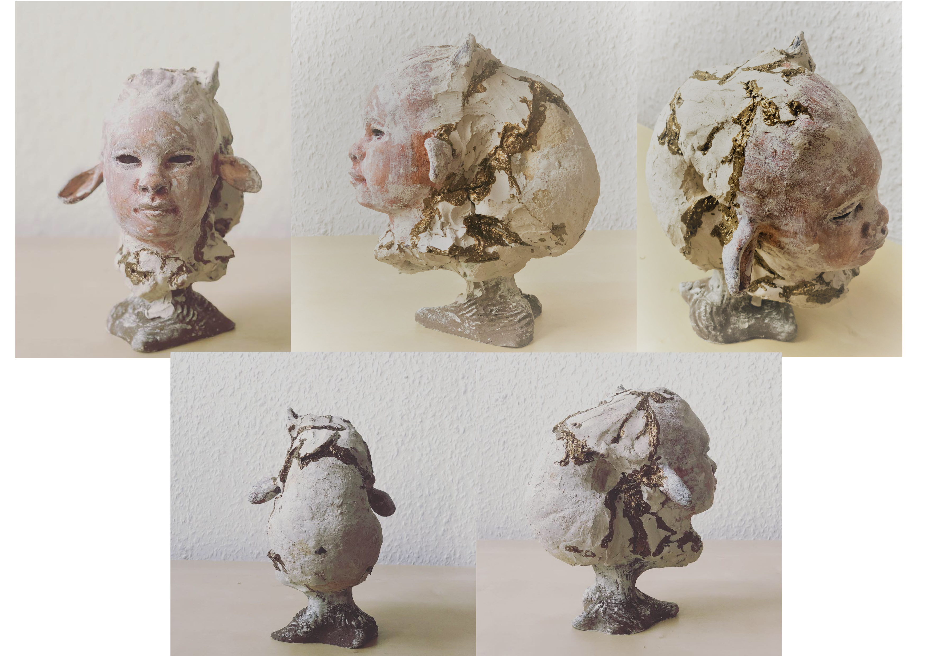 Five studio views of the Fauna head circling from front to back: the long-eared child's face, the horn bud, and the gold-filled fissures crossing the white skull