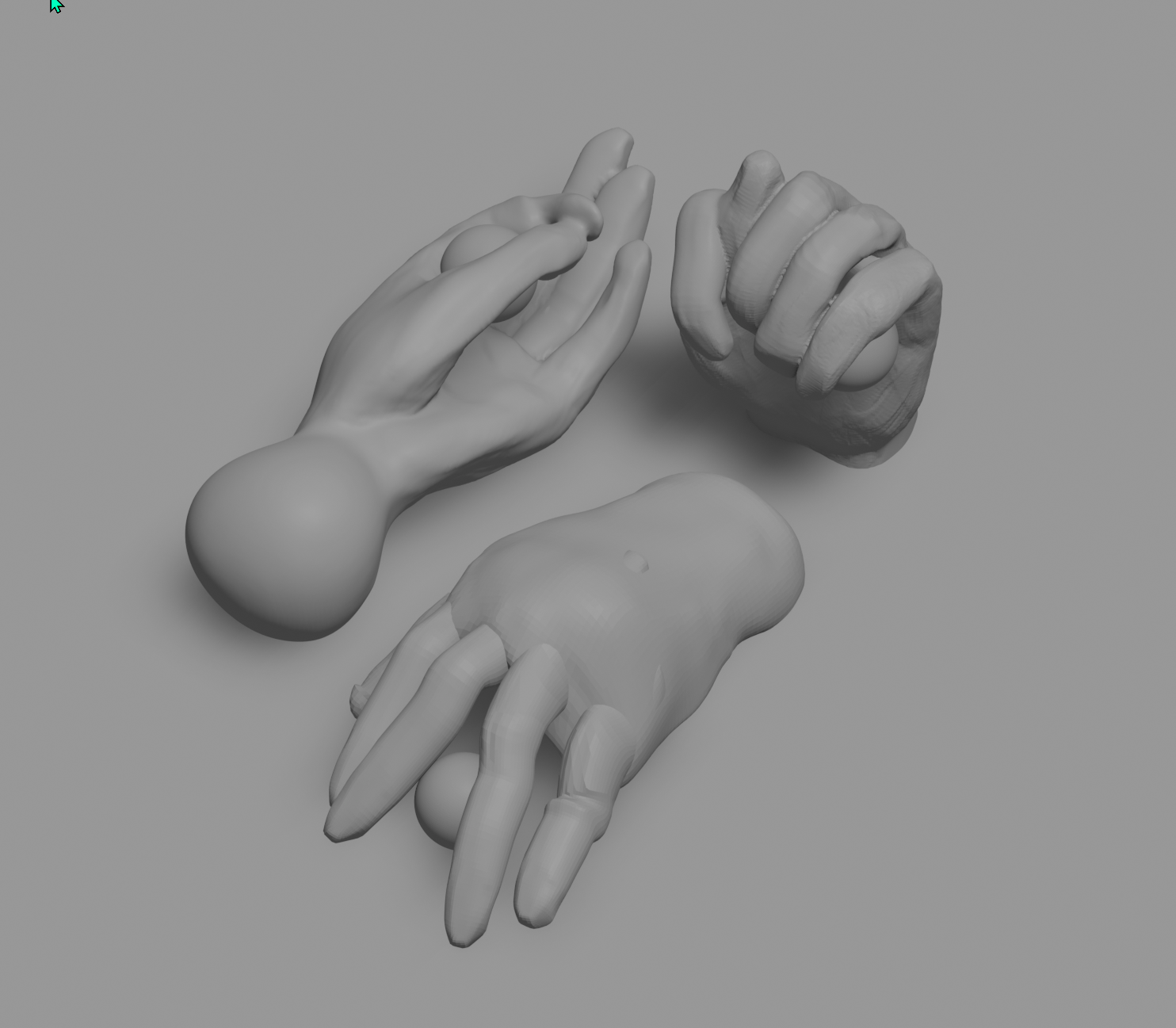Grey 3D sculpt of three hands: one cradling an eyeball in its open palm, one clenched around another, and a limp hand lying with a ball between its fingers