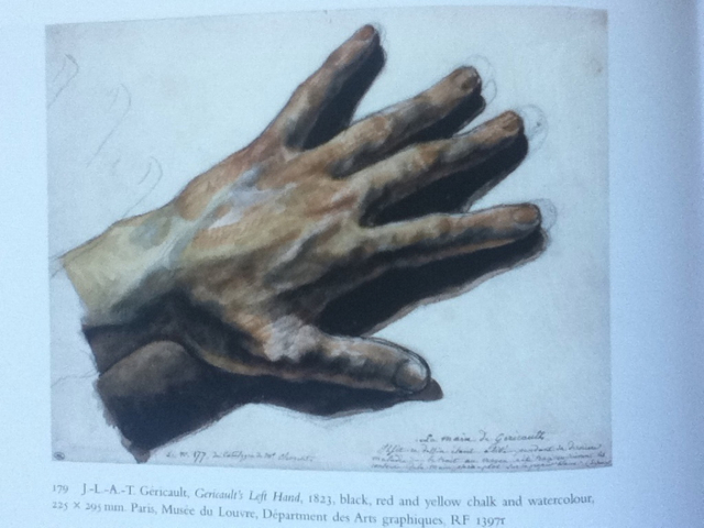 Book plate of Géricault's Left Hand, 1823: the artist's own hand drawn in black, red and yellow chalk, splayed and shadowed as if cast off, now in the Louvre