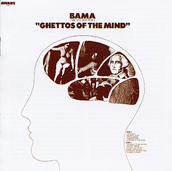 Album cover of Bama the Village Poet's Ghettos of the Mind: a bald head in profile whose brain is a collage of sepia photographs