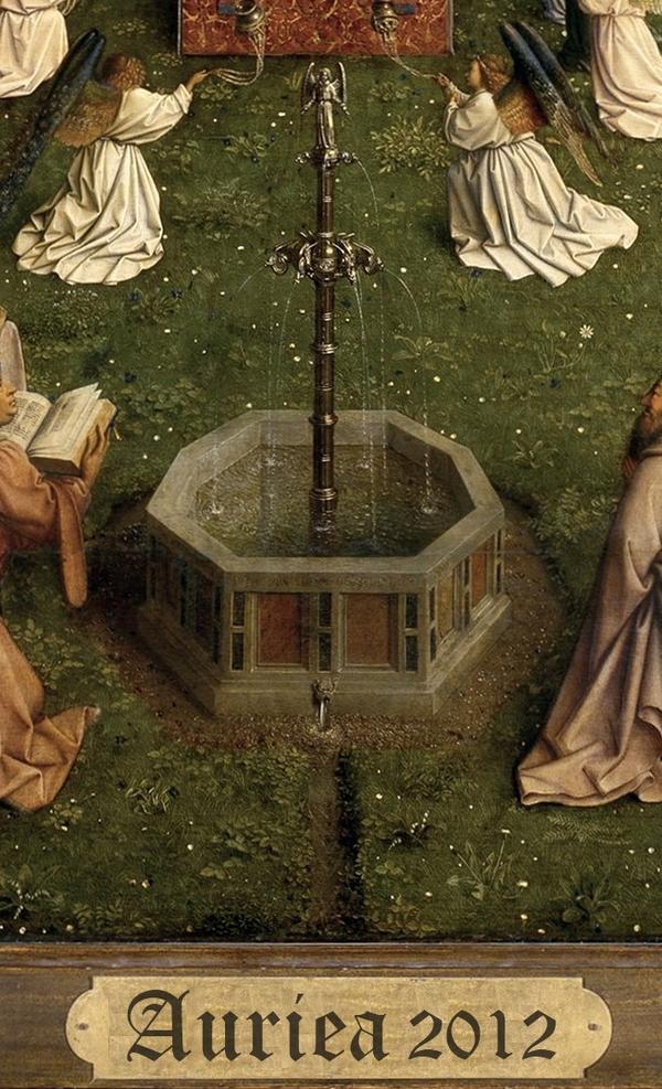 The Fountain of Life detail from the Ghent Altarpiece — angels kneeling on starry grass around the slender bronze fountain — framed with a plaque reading 'Auriea 2012', a gift from Hasan Niyazi