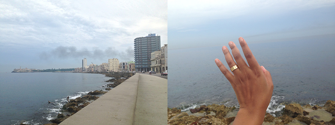 Diptych on the Malecón in Havana: the seawall curving toward the smoky skyline, and a brown hand with a gold ring raised against the grey sea