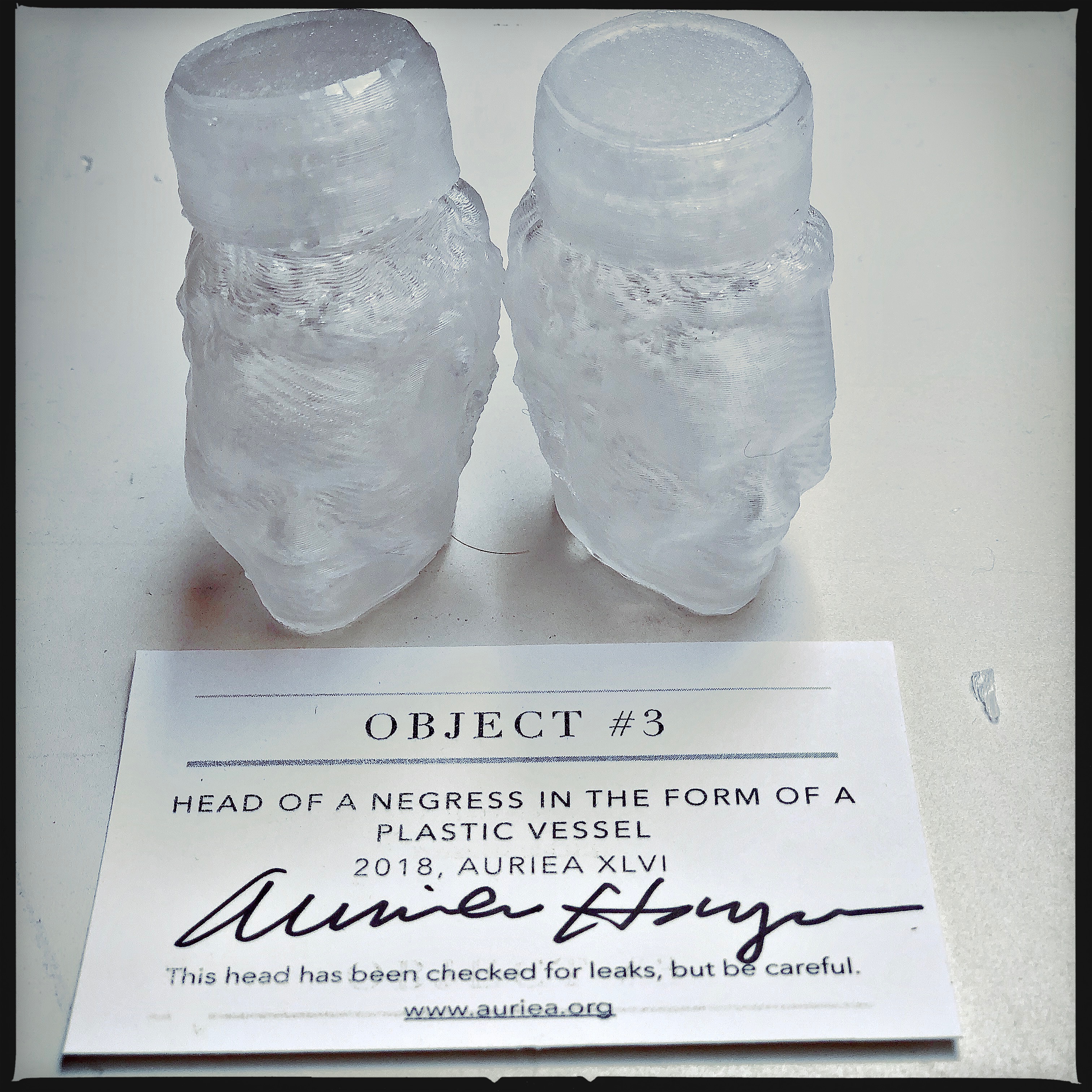 Two clear printed head-bottles beside their signed label: 'Object #3 — Head of a Negress in the Form of a Plastic Vessel, 2018, Auriea XLVI. This head has been checked for leaks, but be careful.'