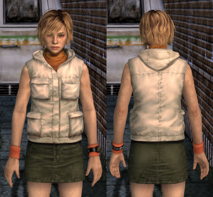 Front and back views of Heather Mason's character model from Silent Hill 3: sandy bob, white hooded vest over an orange turtleneck, green skirt and orange wristbands