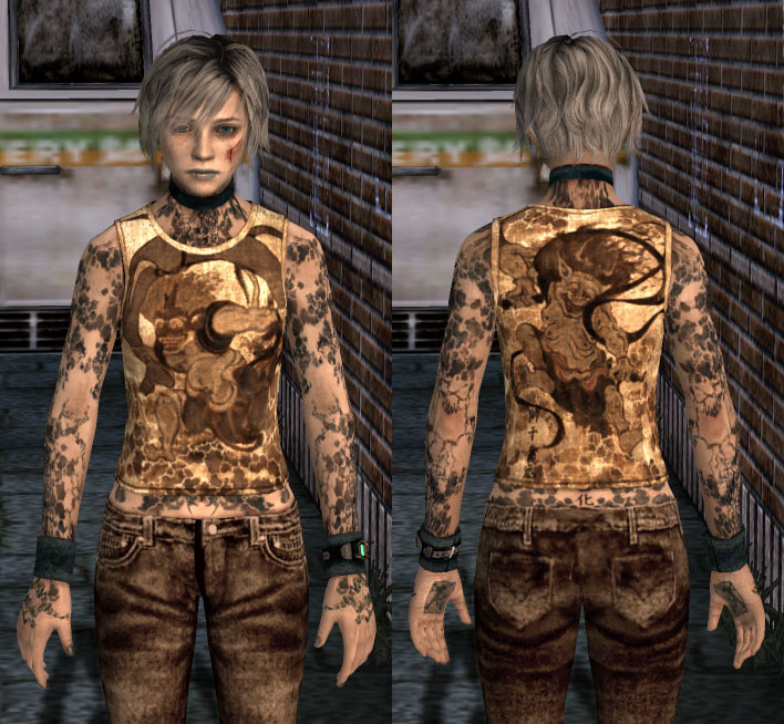 Heather Mason's unlockable God of Thunder costume in Silent Hill 3: a tank top printed with the thunder god Raijin, her arms mottled with full-sleeve tattoos