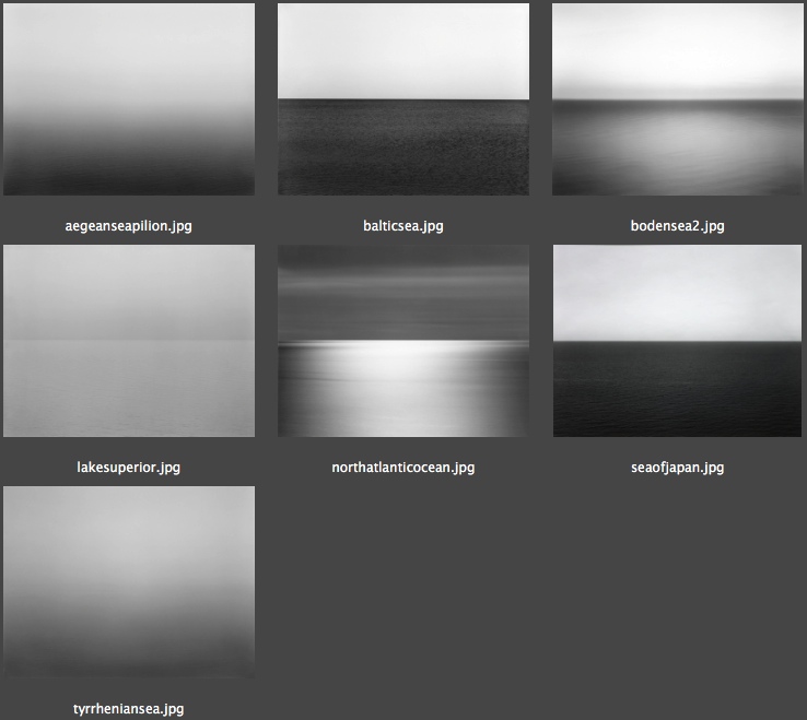 Folder of seven Hiroshi Sugimoto Seascapes thumbnails — Aegean Sea, Baltic Sea, Bodensee, Lake Superior, North Atlantic, Sea of Japan, Tyrrhenian — each a bare grey horizon of sea and sky