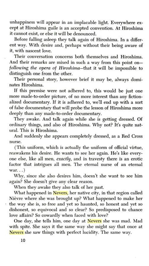 Page 10 of Marguerite Duras' Hiroshima Mon Amour script in English: their talk mingles themselves with Hiroshima, she appears dressed as a Red Cross nurse, and Nevers is highlighted where her past begins