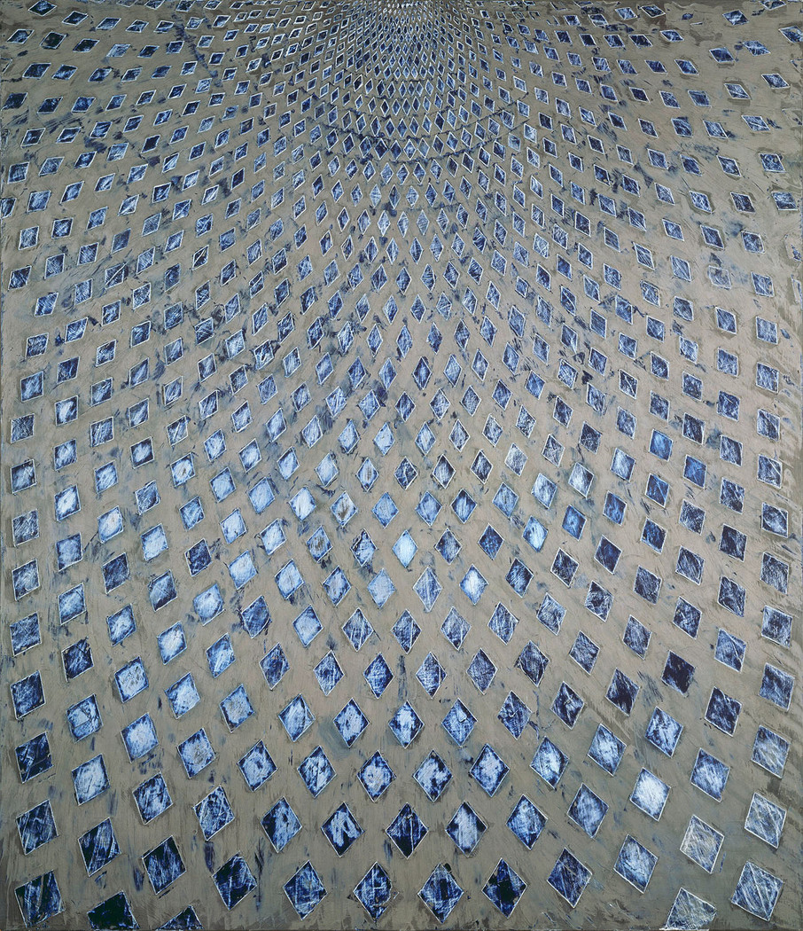 Ross Bleckner's Invisible Heaven: a vast curved lattice of scratched blue-white diamonds receding to a vanishing point high above, like a domed net of lights