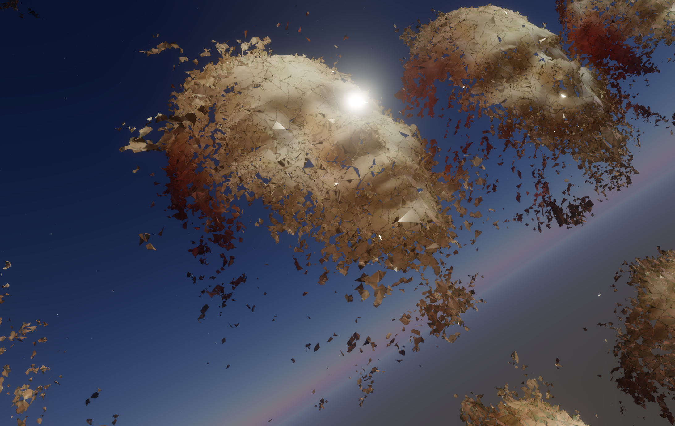 Still from Islanders: colossal weathered faces dissolving into swarms of paper-like shards, drifting in blue sky above a hazy planetary horizon, the sun flaring through one eye Still from Islanders: colossal weathered faces dissolving into swarms of paper-like shards, drifting in blue sky above a hazy planetary horizon, the sun flaring through one eye