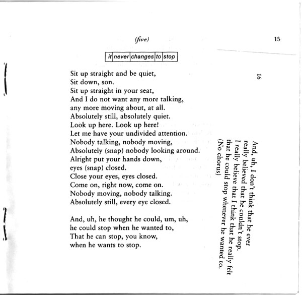 Booklet page for The Books' It Never Changes to Stop: the sampled schoolteacher's monologue — 'Sit up straight and be quiet... absolutely still, every eye closed' — set as a poem