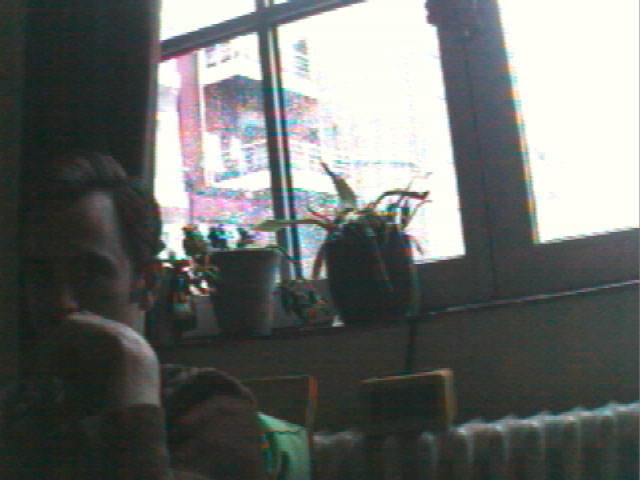 Dim webcam photo: a man's face half out of frame beside a window with potted plants on the sill, a pale building across the street and a radiator below