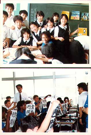 Two photos from a Japanese junior high visit: uniformed students crowding around a young Auriea at a desk, and a classroom waving calligraphy banners overhead