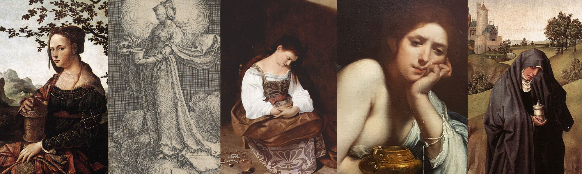 Five Mary Magdalenes with ointment jars side by side: a Flemish Renaissance portrait, a Northern engraving, Caravaggio's penitent Magdalene, a tearful nude leaning on a gold jar, and a hooded mourner in a landscape