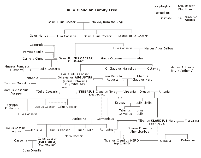 Diagram of the Julio-Claudian family tree, tracing marriages and adoptions from Julius Caesar through Augustus, Tiberius, Caligula, Claudius, and Nero